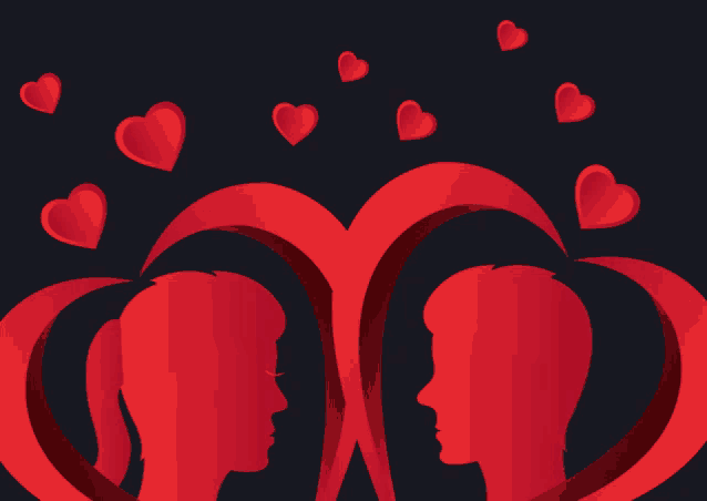 a man and a woman are looking at each other with hearts around them