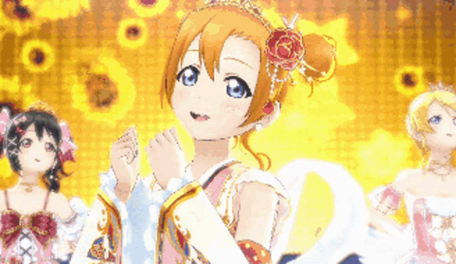 a girl with a crown on her head is standing in front of a bunch of sunflowers