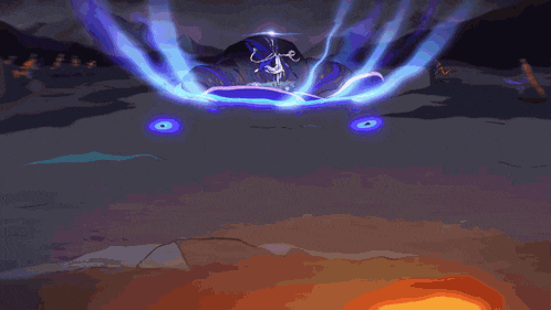 a cartoon character is surrounded by purple and blue light