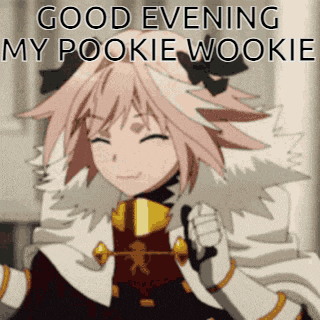 a cartoon girl with pink hair is holding a sword and says good evening my pookie wookie