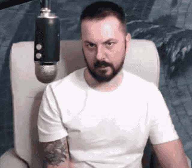 a man with a beard is sitting in front of a microphone in a chair .