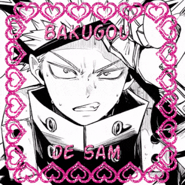a black and white drawing of bakugou with pink glitter hearts around him
