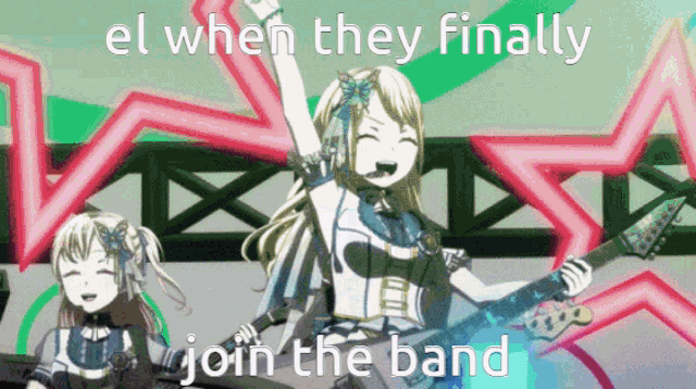 a cartoon of a girl holding a guitar with the words el when they finally join the band