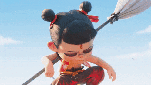 a cartoon character is holding a spear in his hand and has a g on his forehead .