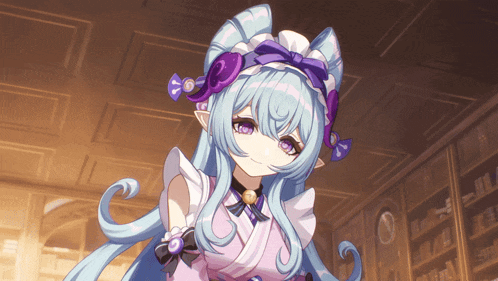 a girl with long blue hair and purple eyes is wearing a maid outfit