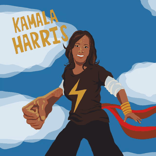 a cartoon illustration of kamala harris with a lightning bolt on her chest