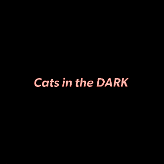a man is laying in bed with a cat on his shoulder and a caption that says `` cats in the dark '' .