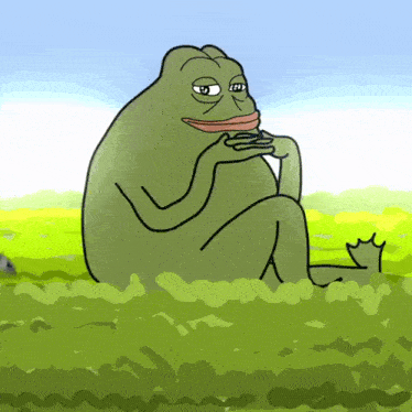 a cartoon frog is sitting in the grass and eating a piece of food