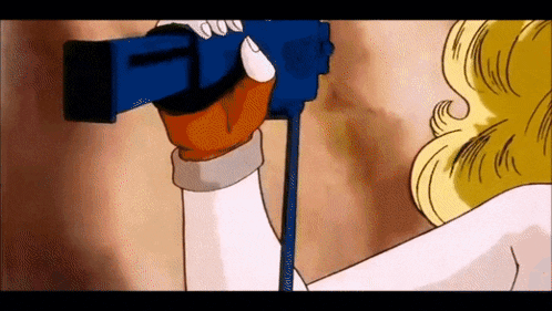a cartoon character is holding a gun in her hand .