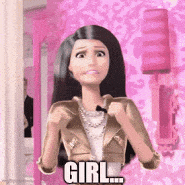 a barbie doll is standing in front of a pink wall and says `` girl '' .
