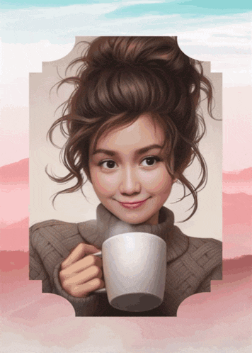 a woman in a sweater is holding a white mug