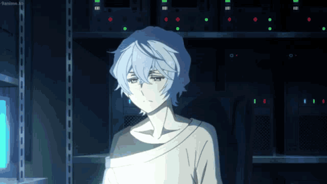 a blue haired anime character is standing in a dark room with a lot of lights on the shelves .