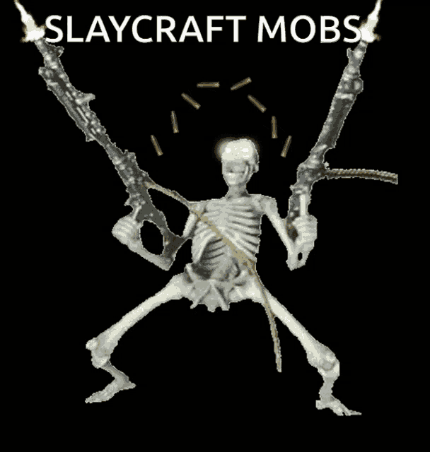 a picture of a skeleton holding two guns with the words slaycraft mobs above it