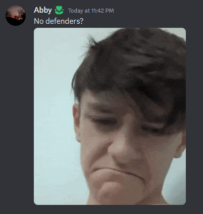 a screenshot of a discord conversation between abby and no defenders at 11:42 pm