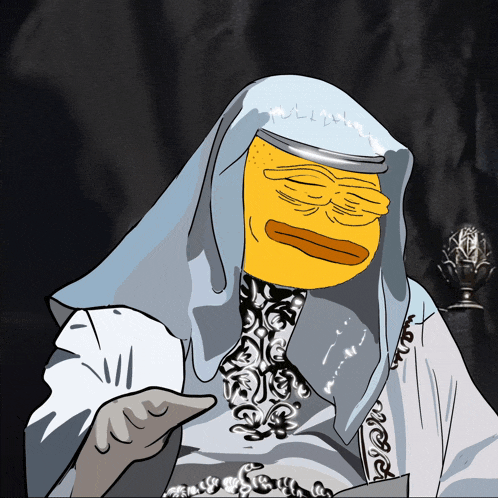 a cartoon of a woman with a yellow face and a white head scarf