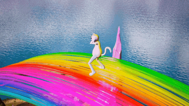 a cartoon cat is standing on a rainbow overlooking a body of water