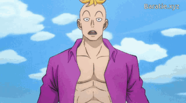 a bald man in a purple shirt stands in front of a blue sky with baratie.xyz written below him