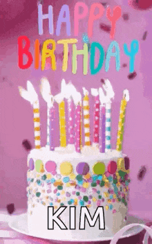 a birthday cake with candles and confetti on it and the words `` happy birthday kim '' .
