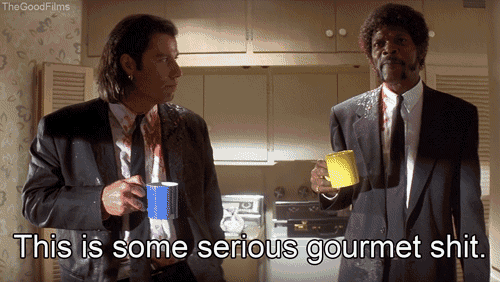 two men in suits drinking coffee in a kitchen with the words " this is some serious gourmet shit " below them