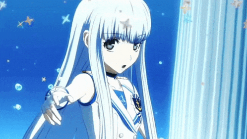 a girl with long white hair and a star on her head
