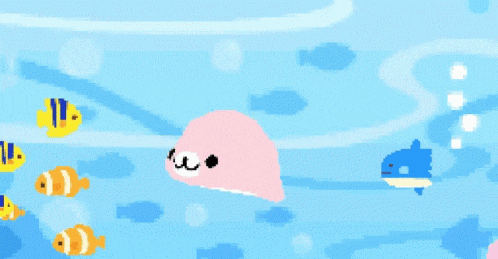 a pixel art drawing of a pink seal swimming in the ocean