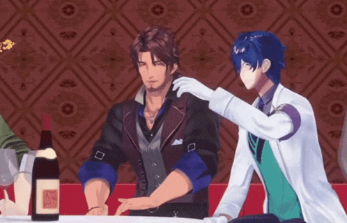 a couple of anime characters are sitting at a table with a bottle of wine