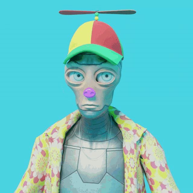 a robot wearing a colorful hat with a propeller on top