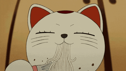 a cartoon cat is eating noodles with its eyes closed
