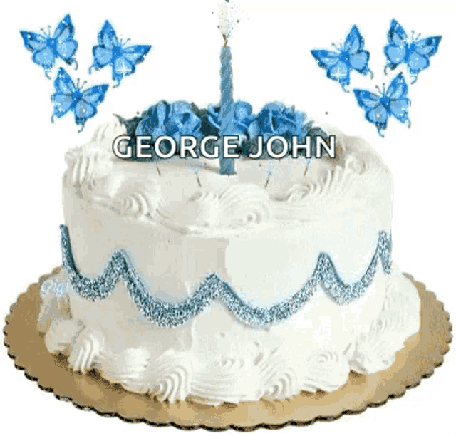 a birthday cake for george john with blue butterflies around it