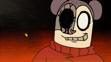 a cartoon character with a red sweater and a black eye