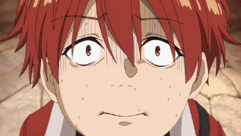 a close up of a anime character with red hair
