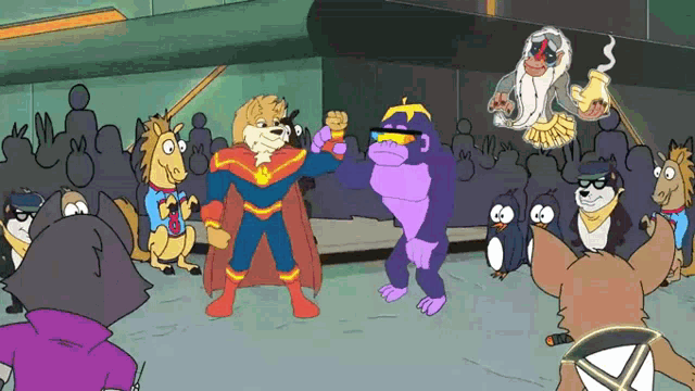 a group of cartoon characters including a gorilla and a lion