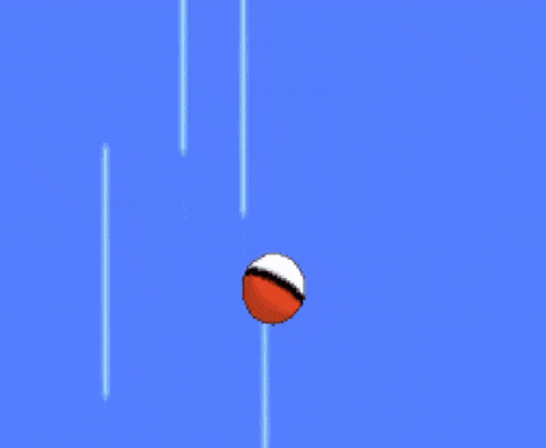 a pixel art of a pokeball flying through a blue sky with clouds