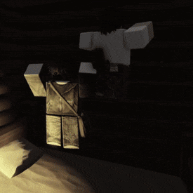 a roblox character is standing on a bed