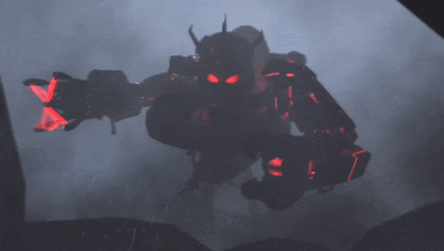 a robot with horns and red eyes is flying in the dark