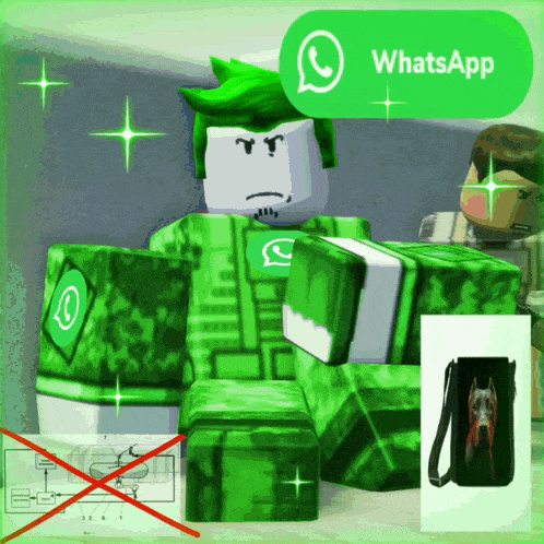 a cartoon character is surrounded by green blocks and has a whatsapp icon above his head