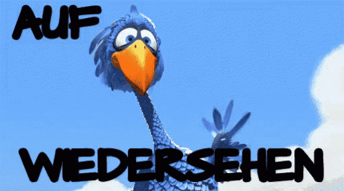 a cartoon bird with the words auf wiedersehen written above it