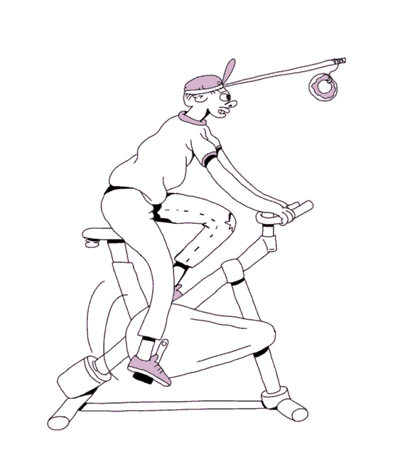 a cartoon of a man riding an exercise bike with a donut hanging from the handlebars
