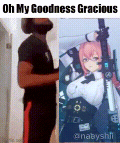 a man with a beard is standing next to a woman with a gun and the caption oh my goodness gracious .