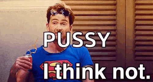 a man wearing a superman shirt is holding a can of soda and says pussy i think not .