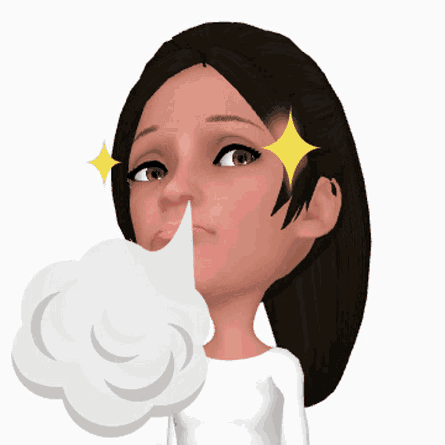 a cartoon girl is blowing a cloud of smoke