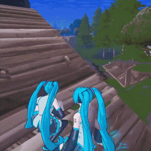 a cartoon of hatsune miku standing in front of a wooden building