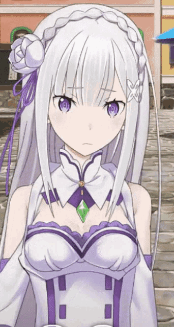 a girl with white hair and purple eyes is wearing a white and purple outfit