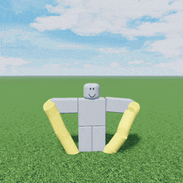 a roblox character with a smile on his face is standing in the grass