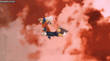 a cartoon character is flying through the air while another character is laying on the ground .