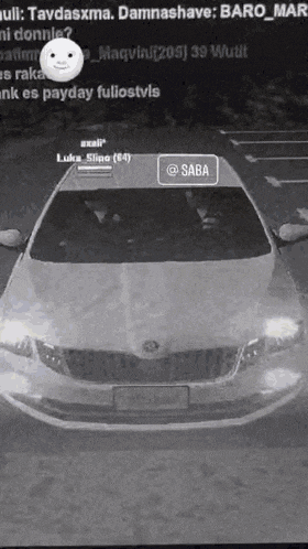 a black and white photo of a car with the word saba on the bottom right