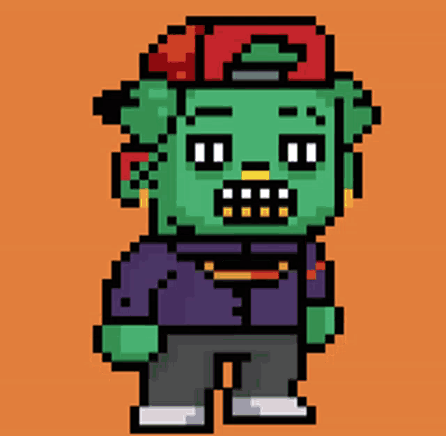 a pixel art of a green goblin wearing a red hat and a purple jacket
