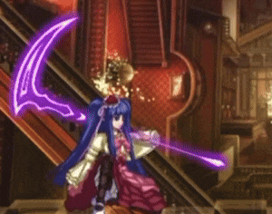 a pixel art of a girl with purple hair holding a sword