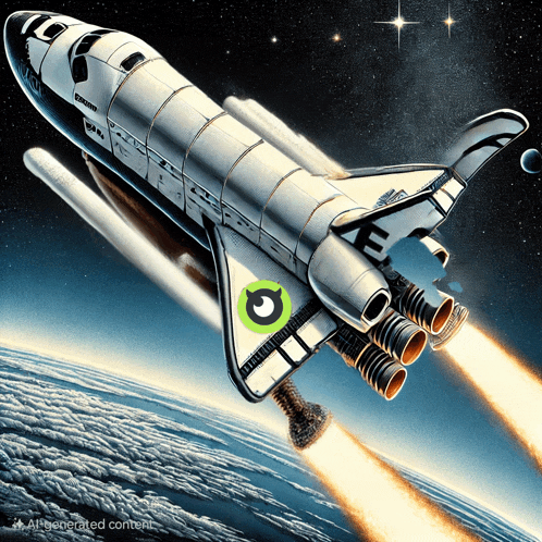 a space shuttle with the letter e on the side is flying through space