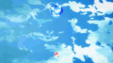 a painting of a blue sky with white clouds and a red ball